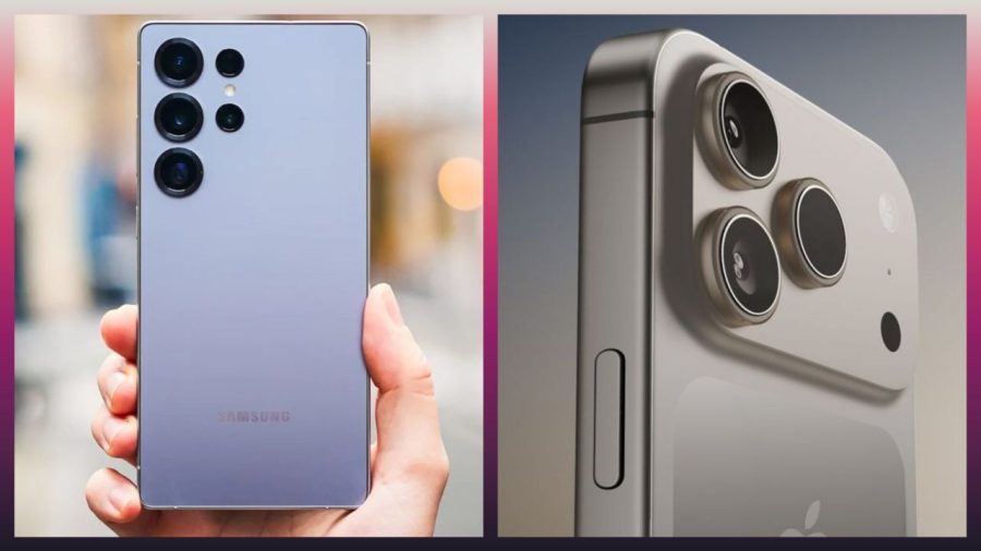 تصویری از یک گوشی تاشو گلکسی Z Flip در کنار آیفون 15 Pro، که رقابت سامسونگ و اپل نشان می‌دهد.