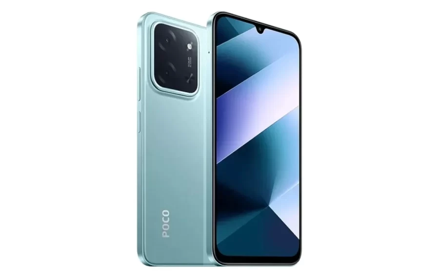 تصویر رندر شده پوکو C65 در رنگ مشکی با نمایشگر روشن و جزیره دوربین بزرگ در پشت